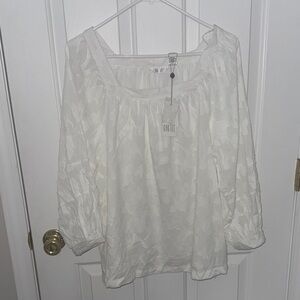 Kaktus Square Neck White Blouse with Textured Floral Pattern